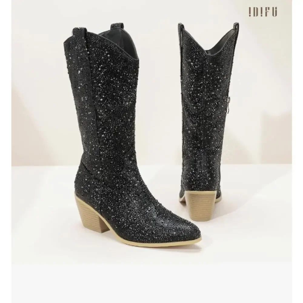 Er. MSRP $131 NWB IDIFU BLACK RHINESTONE MID CALF WESTERN COWBOY BOOTS ♡SIZE 8♡
